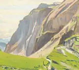 British, a mountain scene with a meadow in the foreground by Robert Morson Hughes, oil on board, sold Nov 2020