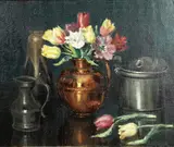 French, a still life of tulips in a copper Jug by Raymond Tassoul, oil on canvas, sold Nov 2020