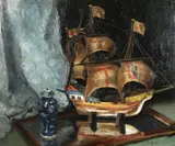 British, a study of a model ship and ornamental blue and white vase by Percy Randell, oil on panel, offered Nov 2020