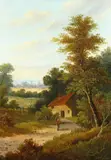 A figure on a country path with farm buildings beyond by L.M. Hall, oil on canvas, offered Nov 2020