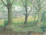 A Country Landscape through Trees with Hills beyond by Hubert Wellington, Oil on Canvas, bears exhibition label verso, sold Nov 2020