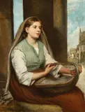 British, a seated young lady holding a basket with buildings beyond by J.T. Peele, oil on canvas, sold Nov 2020