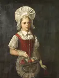 A Portrait of May Oliver, Dec 1875' a young girl holding a basket of flowers by Ellen Conally, oil on canvas, sold Nov 2020