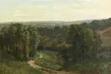 French, wayfarer in a valley with trees beyond by Georges de Lafarge-Laujol, oil on canvas, sold Nov 2020