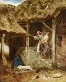 British, a scene of three wistful figures in a barnyard setting, with a coastal scene beyond by Charles James Lewis, 1858, oil on canvas, sold Nov 2020