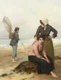 British, a scene of three figures on a beach with distant boats by William Oliver, 1888, oil on canvas, sold Nov 2020