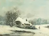 British, figure before a loch with a castle in the distance and a winter landscape, a pair of oil on canvas paintings, each signed, each 12" x 16 by William Stone, Stone, sold Nov 2020