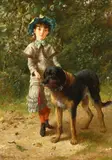 British, scene of a young girl in a bonnet with her pet dog by Edgar Bundy, oil on canvas, sold Nov 2020