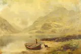 British, A loch scene, with a man and his dog beside a rowing boat by James Henry Crossland, oil on canvas, sold Nov 2020