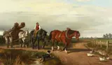 British, A farmer and three horses pulling a cart of tree trunks on a country road by a pond by Samuel Joseph Clarke, 1879, oil on canvas, sold Nov 2020
