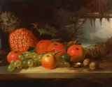 British, a pair of still life paintings of mixed fruit and foliage on a ledge with a landscape beyond by William Malbon, oil on panel, sold Nov 2020
