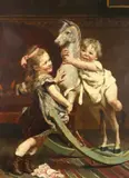 Belgium, a scene of two young children playing on a rocking horse by Edgard Farasyn, 1878, oil on canvas, sold Nov 2020