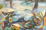 British, a female figure sunbathing amongst flowers in a landscape by Phylis Bray, oil on canvas, sold Nov 2020