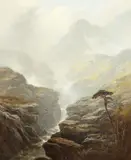 British, view of a mountain waterfall with sunlit peaks beyond by George Blackie Sticks, oil on canvas, offered Nov 2020