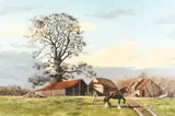 A farmer with a horse and plough amongst farm buildings by Michael Wood, Wood, offered Nov 2020