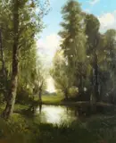 French, a river landscape with a view through trees by Eugene Bourgeuis, oil, offered Nov 2020