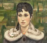 British, Head study of a lady in a Fur shawl with gardens beyond by George Wallace Jardine, oil on panel, sold Nov 2020