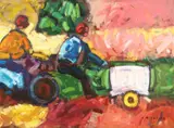 Zimbabwe/South Africa, a scene of figures on vehicles in a colonial landscape by Tendai Nahvira, acrylic on board, offered Nov 2020