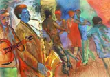 South African, scene of figures dancing while a jazz band plays by Sandy Esau, mixed media, offered Nov 2020