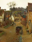 British, A donkey and cart in a village road with figures and geese, and hills beyond by Blandford Fletcher, oil on canvas, sold Nov 2020
