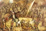 British, a Stoke-on-Trent artist, clowns performing in a big top with and an on-looking crowd by Derek Higginson, oil on canvas, sold Nov 2020