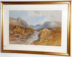 River in a mountainous landscape by Frederick Tucker, sold Nov 2012