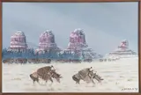 western landscape with Native Americans hunting buffalo by Johnny Yazzie, oil on canvas, offered May 2017