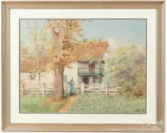 farmhouse with a young woman by Edwin Lamasure Jr, watercolor, offered May 2017