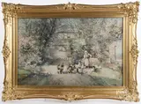 landscape with woman feeding chickens in front of a house by Robert Shaw, watercolor, offered May 2017