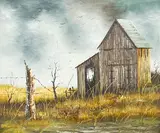 Untitled (Barn in Autumn) by Everett Woodson, oil on canvas, sold Aug 2022