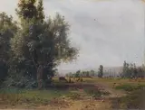 Paysage aux bergères by Karl Girardet, Toile marouflée sur panneau, sold Dec 2011