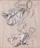 Deux figures volantes, levant le bras droit pour "la naissance de la Vierge by Léon Riesner, Pierre noire, sanguine, rehauts de craie, sold Dec 2011