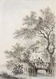 Paysage fluvial animé de personnages by Aignan-Thomas Desfriches, 1766, Pierre noire, aquarelle, sold Dec 2011
