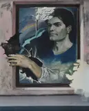 Portrait de Roland GUEDJ, septembre/octobre 1965 by Jim Leon, Huile et collage d'une plume sur toile, sold Sep 2022