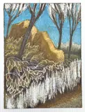 Paysage-autoportrait by André Sornay, vers 1980, Pastel sur papier marron, très beau texte au verso adressé au peintre Jean Martin, sold Sep 2022