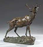 Le brame du cerf by Charles Valton, Épreuve en bronze à patine brune, sold Sep 2022