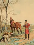Veneur à la pipe et chiens by Charles-Fernand de Condamy, Aquarelle sur papier signée en bas à droite et encadrée, sold Sep 2020