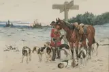 Piqueux et meute à la Croix ‘’ROUTE DU REVOIR’’ by Charles Olivier de Penne, Aquarelle sur papier signée en bas à droite et encadrée, sold Sep 2020