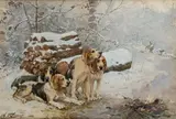 Les chiens au tas de bois. Devant le feu by Charles Olivier de Penne, Aquarelle gouachée signée en bas à gauche et encadrée, sold Sep 2020