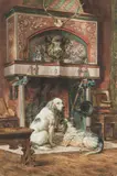 & Jules Bertrand GELIBERT (1834-1916) Griffon vendéen et Bleu de Gascogne devant l’âtre by Gaston Gélibert, 1881, Aquarelle gouachée sur papier signée et datée, sold Sep 2020
