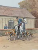 Devant le chenil. Veneur et meute by Georges Louis Charles Busson, 1930, Aquarelle gouachée sur papier signée et datée, sold Sep 2020