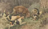 Cerf chargeant les chiens by Charles-Fernand de Condamy, Aquarelle sur papier signée en bas à droite et encadrée, sold Sep 2020