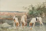 Trois chiens s’abreuvant by Charles Olivier de Penne, Aquarelle sur papier signée en bas à gauche et encadrée, sold Sep 2020