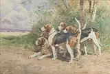 Les cinq chiens Français tricolores à l’attache by Charles Olivier de Penne, Aquarelle gouachée sur papier signée en bas à droite et encadrée, sold Sep 2020