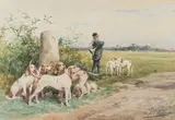 Relais de chiens Porcelaine à la borne by Charles Olivier de Penne, Aquarelle sur papier signée en bas à droite et encadrée, sold Sep 2020