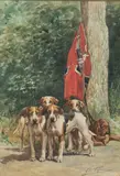 Chiens Harriers à l’attache. Tunique et dague de vénerie by Charles Olivier de Penne, Aquarelle gouachée sur papier signée en bas à droite et encadrée, sold Sep 2020