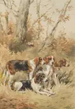 Quatre chiens au repos by Karl Reille, Aquarelle sur papier signée en bas à droite et encadrée, sold Sep 2020