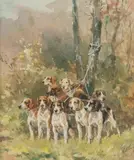 Chiens de relais by Karl Reille, Aquarelle sur papier signée en bas à droite et encadrée, sold Sep 2020