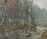 Vénerie du cerf. Le bat l’eau by Karl Reille, Aquarelle et gouache sur papier signée en bas à gauche et encadrée, sold Sep 2020