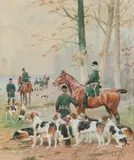 Veneurs et meute. La halte by Georges Rötig, Aquarelle sur papier signée en bas à droite et encadrée, sold Sep 2020